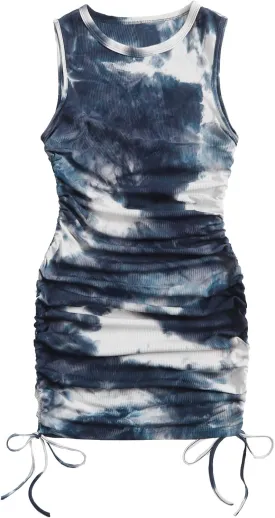 GORGLITTER Summer Dresses for Women 2024 Ruched Bodycon Dress Tie Dye Mini Dress Ribbed Knit Sleeveless Short Dresses