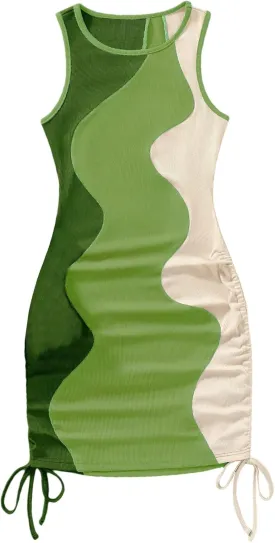 GORGLITTER Summer Dresses for Women 2024 Ruched Bodycon Dress Tie Dye Mini Dress Ribbed Knit Sleeveless Short Dresses
