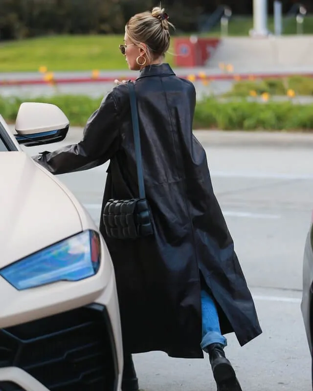 Hailey Bieber Black Leather Long Coat