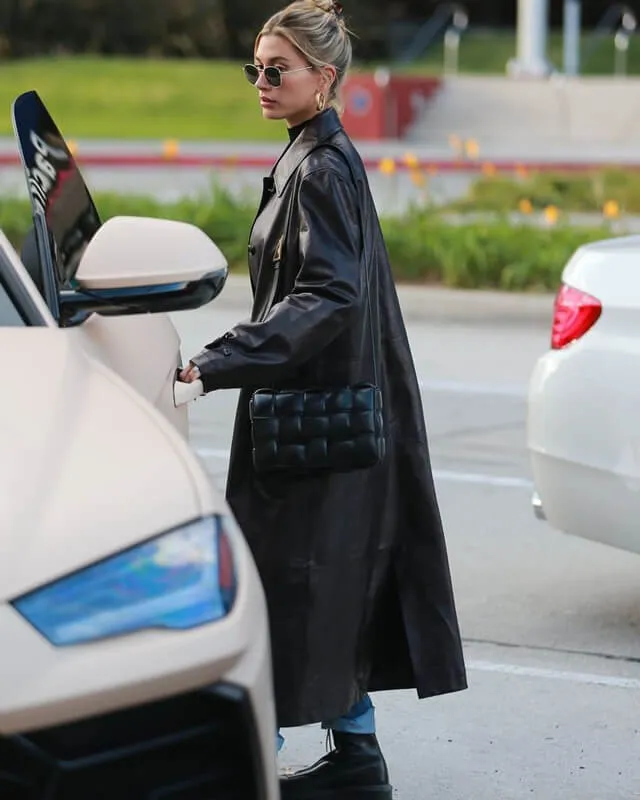 Hailey Bieber Black Leather Long Coat
