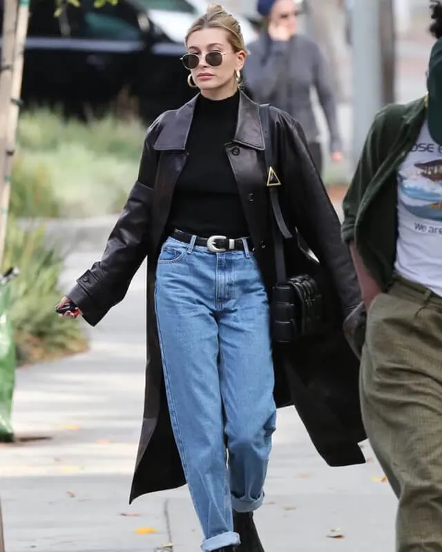 Hailey Bieber Black Leather Long Coat