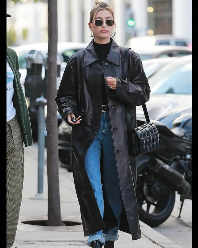 Hailey Bieber Black Leather Long Coat