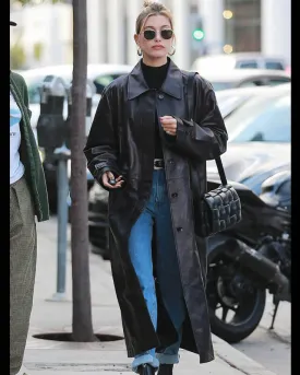Hailey Bieber Black Leather Long Coat