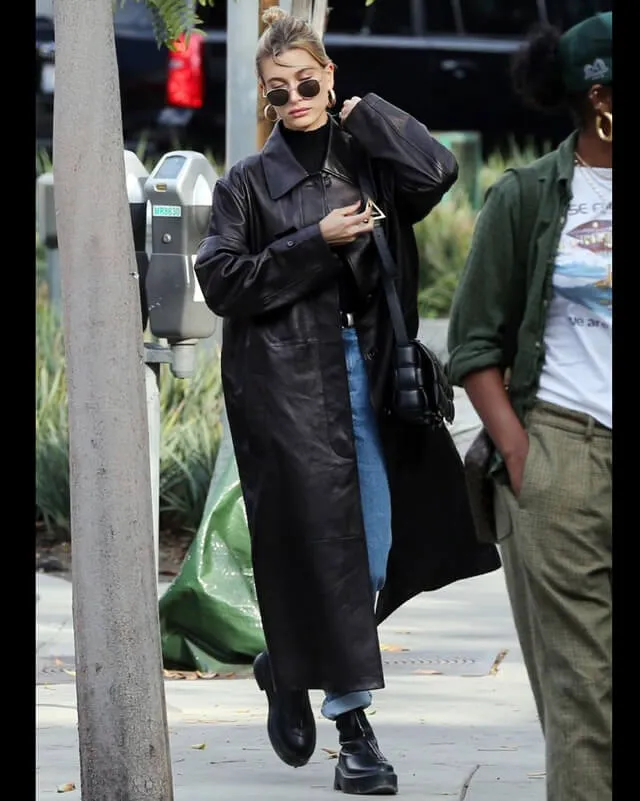 Hailey Bieber Black Leather Long Coat