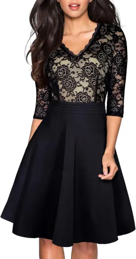 HOMEYEE Women's Chic V-Neck Lace Patchwork Flare Party Dress A062