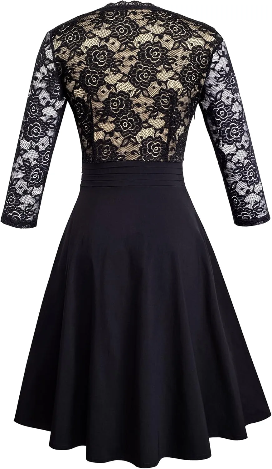 HOMEYEE Women's Chic V-Neck Lace Patchwork Flare Party Dress A062