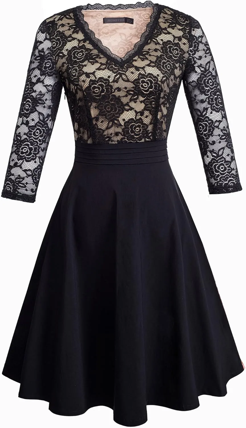 HOMEYEE Women's Chic V-Neck Lace Patchwork Flare Party Dress A062