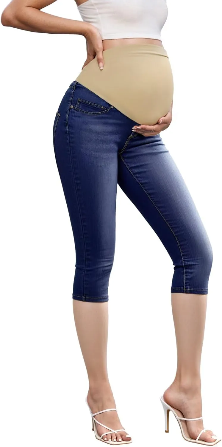 Hybrid & Company Women High Waist Stretch Denim Slim Maternity Skinny Capri Pants