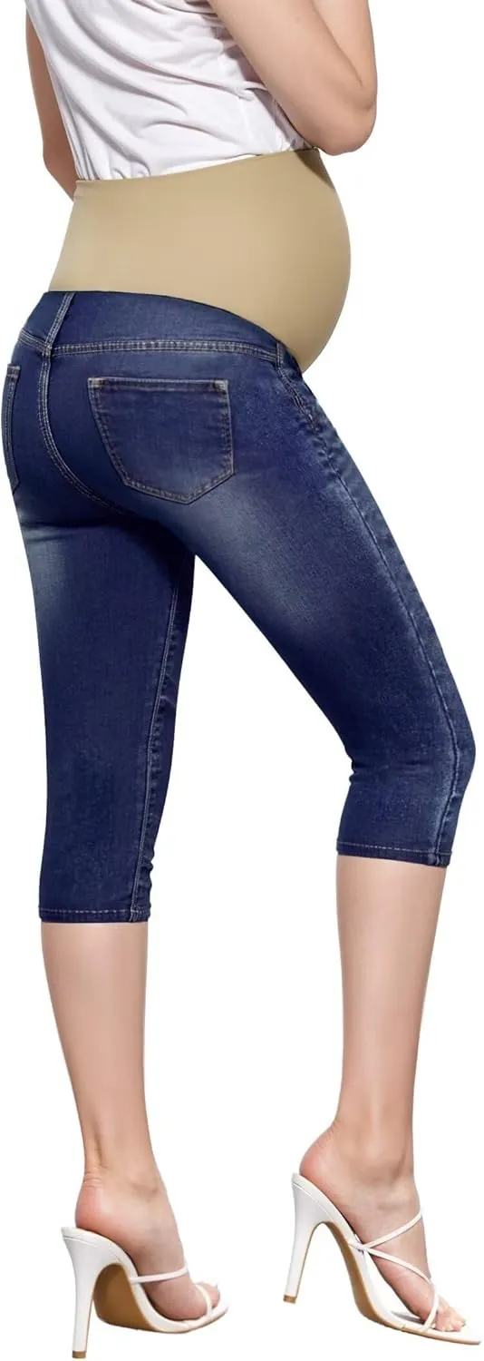 Hybrid & Company Women High Waist Stretch Denim Slim Maternity Skinny Capri Pants