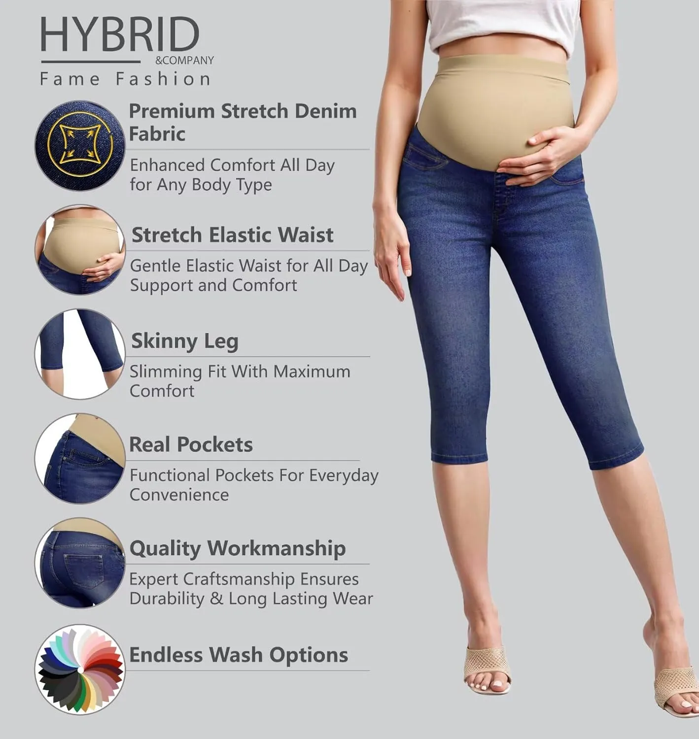 Hybrid & Company Women High Waist Stretch Denim Slim Maternity Skinny Capri Pants