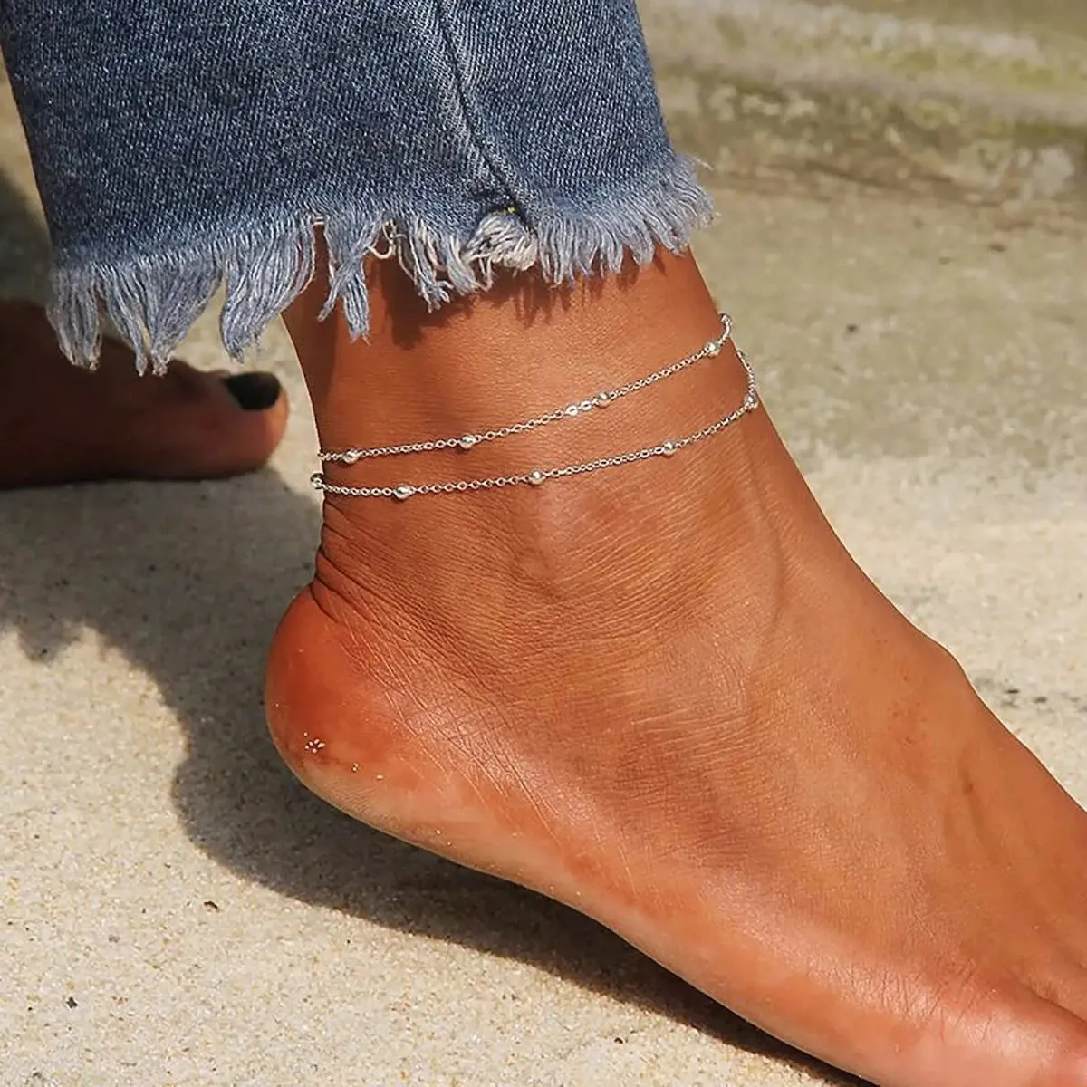 Kyerlyn Layered Silver Bead Ankle Bracelets