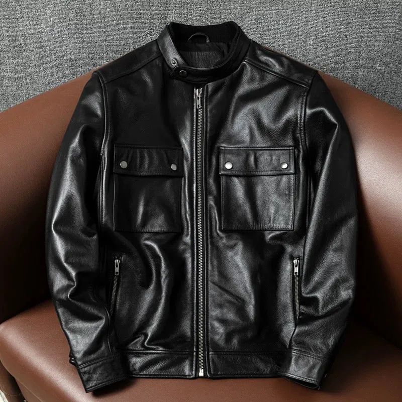 Large Size Motorcycle Cowhide Leather Jacket