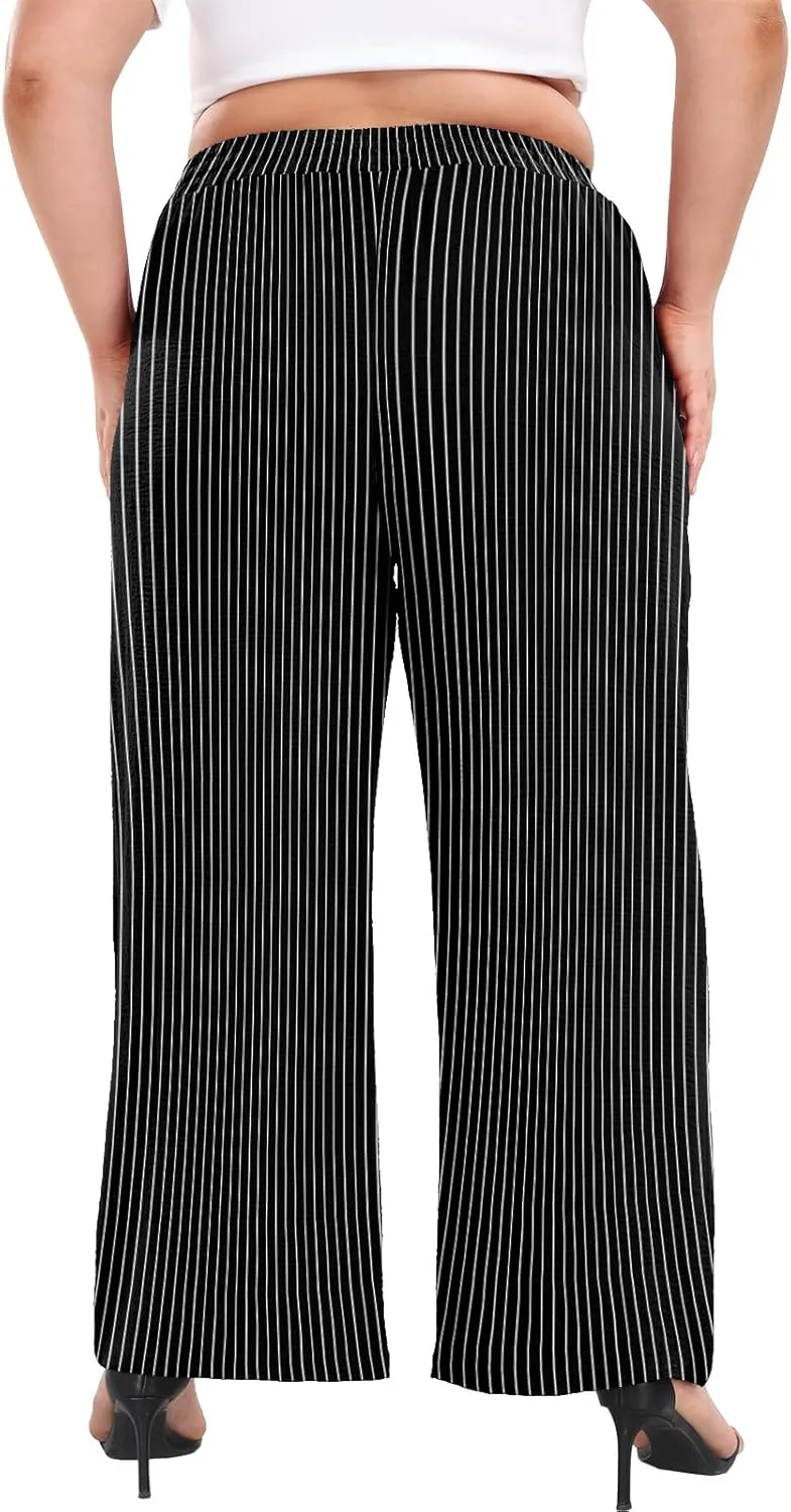 Lastshe Women's Plus Size Wide Leg Pants Summer Stretchy Drawstring Waist Comfortable Fit Casual Trousers Pants with Pockets