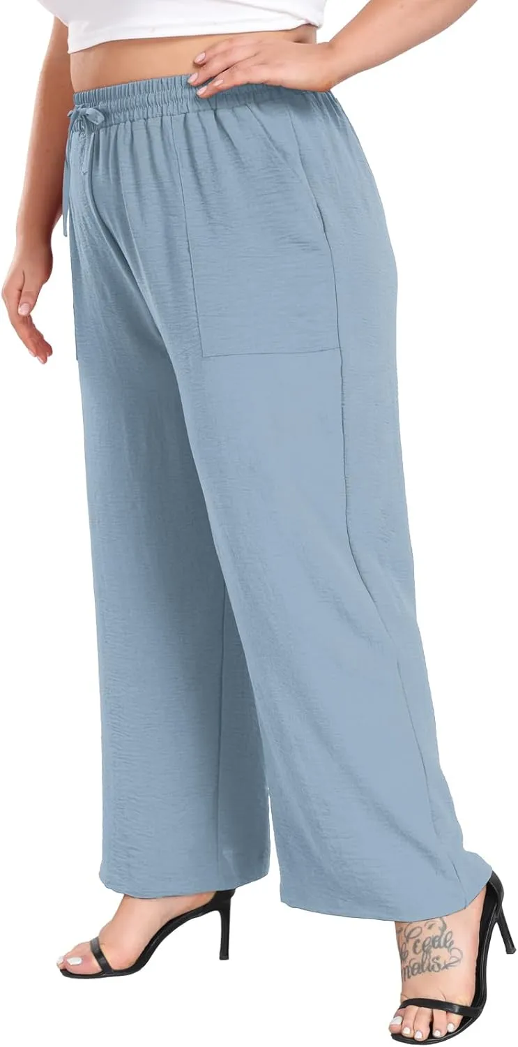 Lastshe Women's Plus Size Wide Leg Pants Summer Stretchy Drawstring Waist Comfortable Fit Casual Trousers Pants with Pockets
