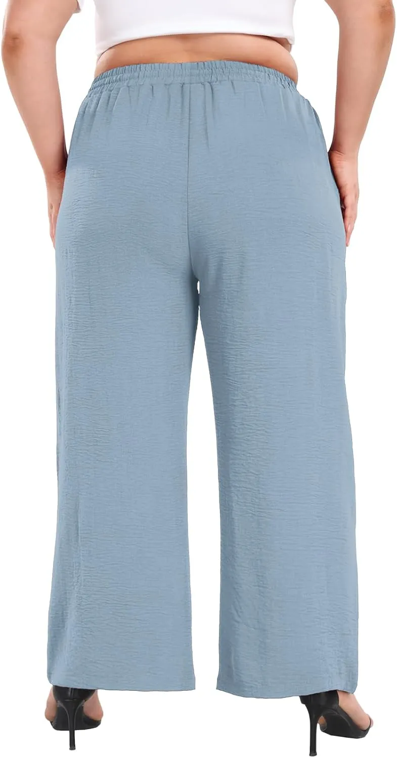 Lastshe Women's Plus Size Wide Leg Pants Summer Stretchy Drawstring Waist Comfortable Fit Casual Trousers Pants with Pockets