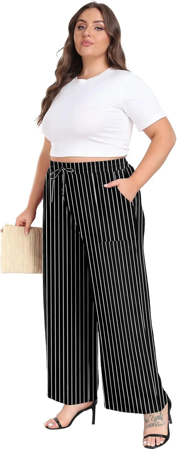 Lastshe Women's Plus Size Wide Leg Pants Summer Stretchy Drawstring Waist Comfortable Fit Casual Trousers Pants with Pockets