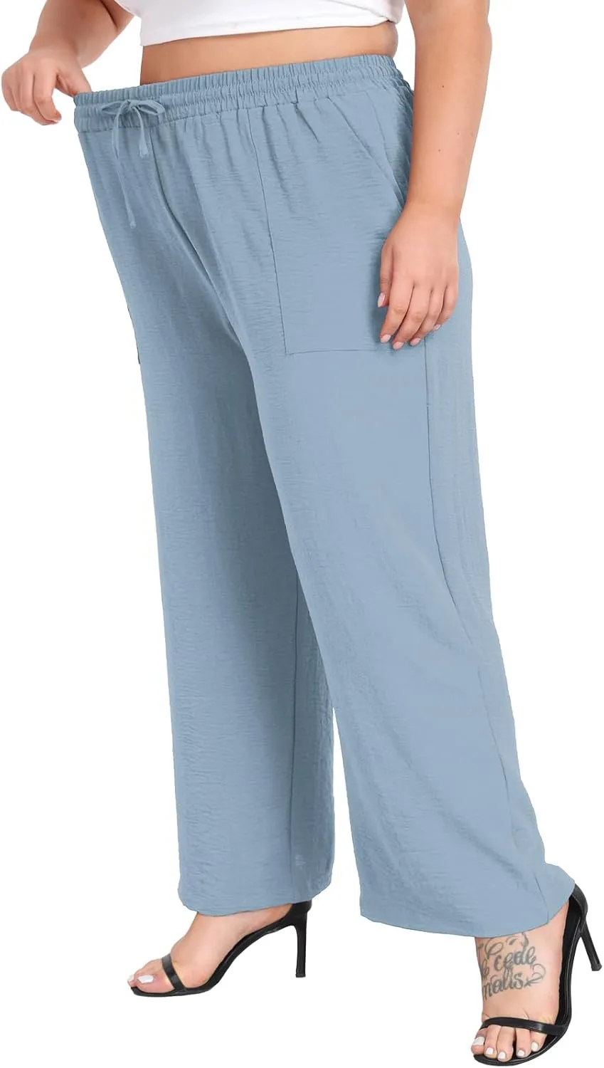 Lastshe Women's Plus Size Wide Leg Pants Summer Stretchy Drawstring Waist Comfortable Fit Casual Trousers Pants with Pockets