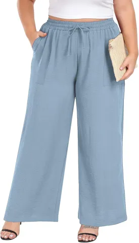 Lastshe Women's Plus Size Wide Leg Pants Summer Stretchy Drawstring Waist Comfortable Fit Casual Trousers Pants with Pockets