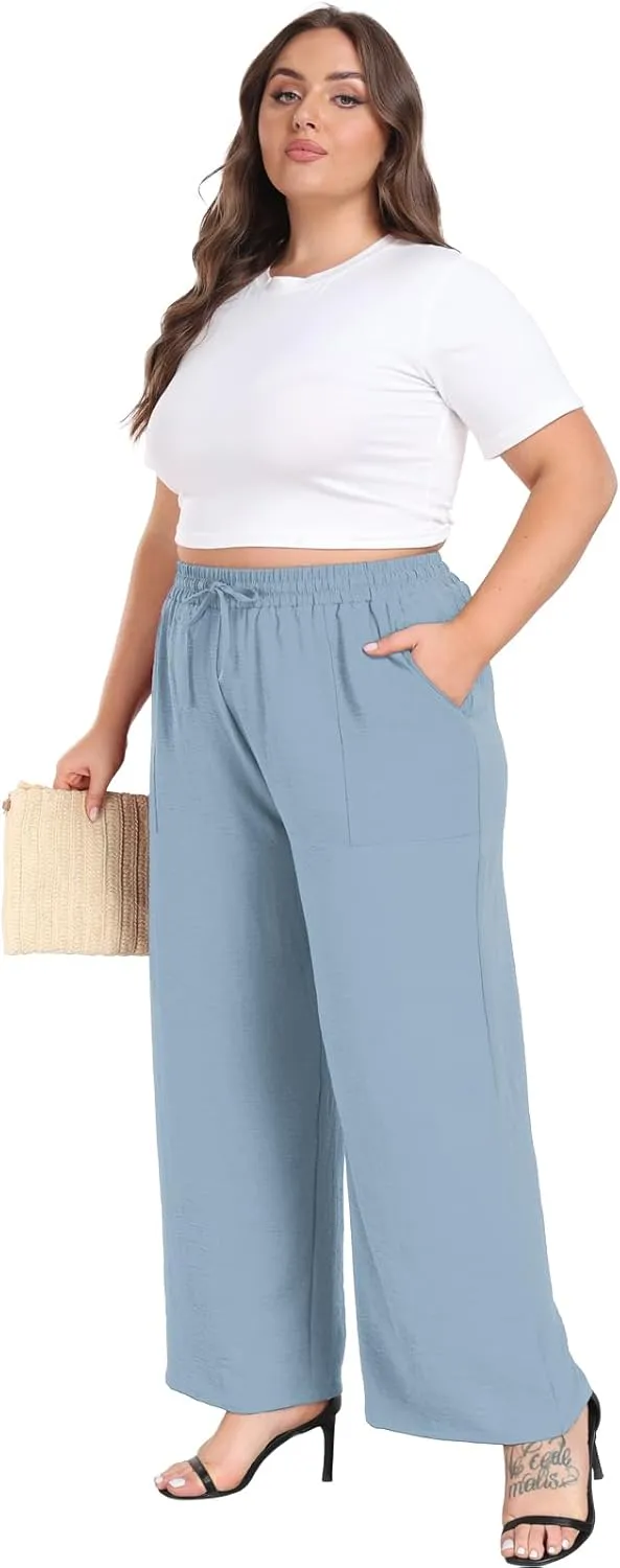 Lastshe Women's Plus Size Wide Leg Pants Summer Stretchy Drawstring Waist Comfortable Fit Casual Trousers Pants with Pockets