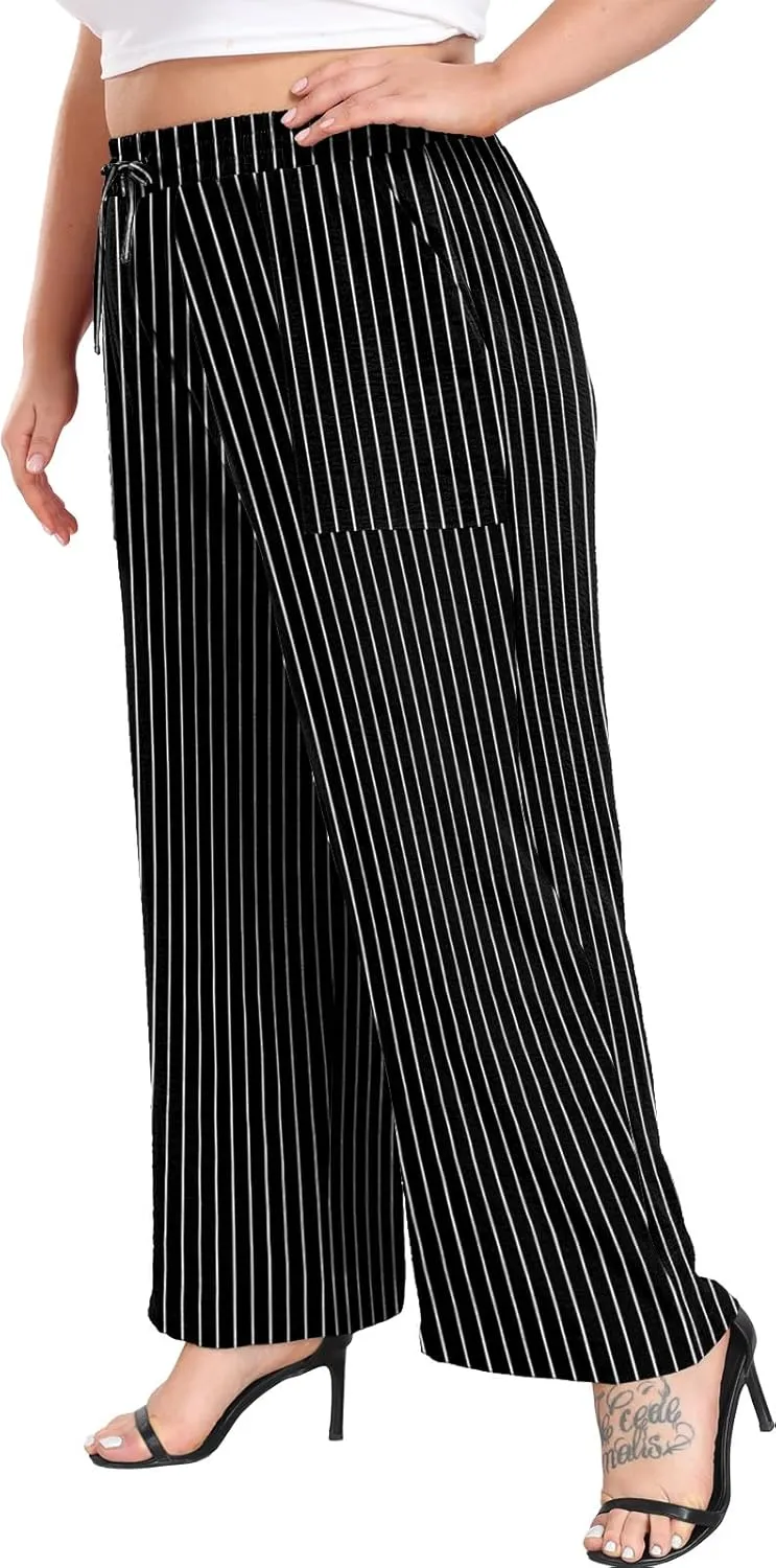 Lastshe Women's Plus Size Wide Leg Pants Summer Stretchy Drawstring Waist Comfortable Fit Casual Trousers Pants with Pockets