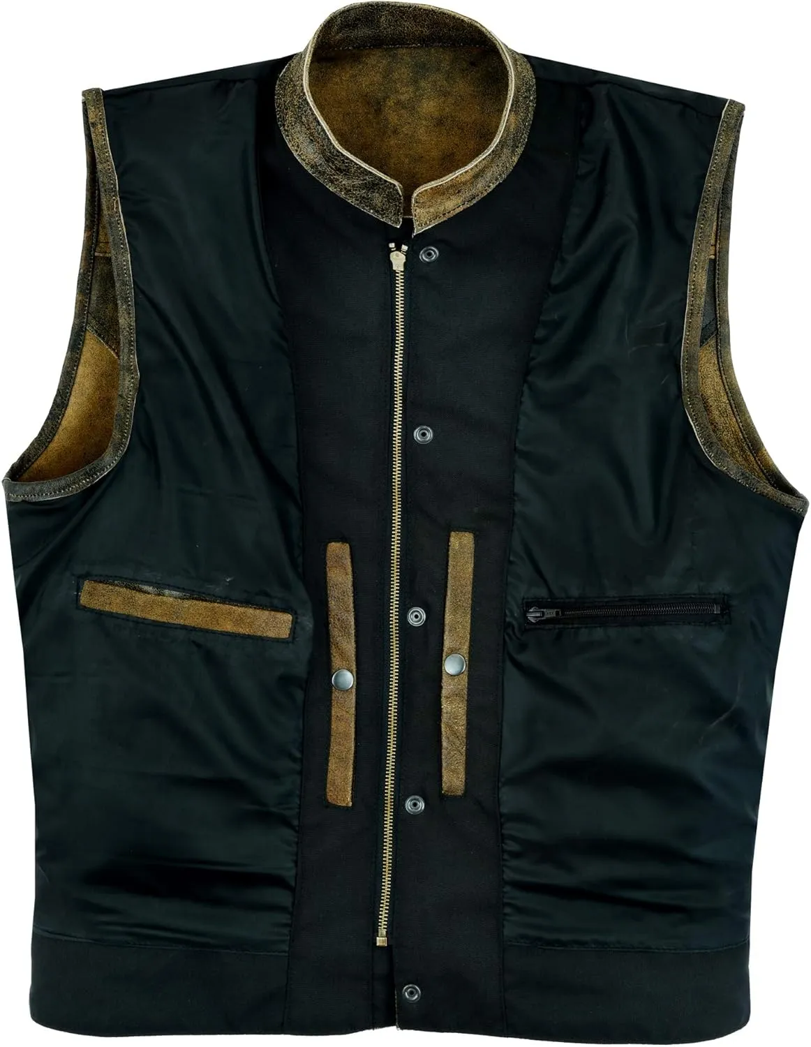 Leatherick Mens SOA Style Black & Brown Distress Leather Biker Motorcycle Vest with Concealed Carry Pockets