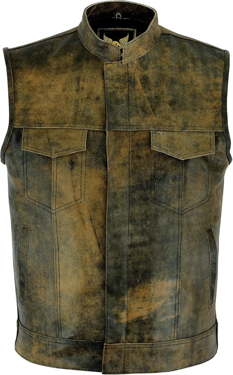 Leatherick Mens SOA Style Black & Brown Distress Leather Biker Motorcycle Vest with Concealed Carry Pockets