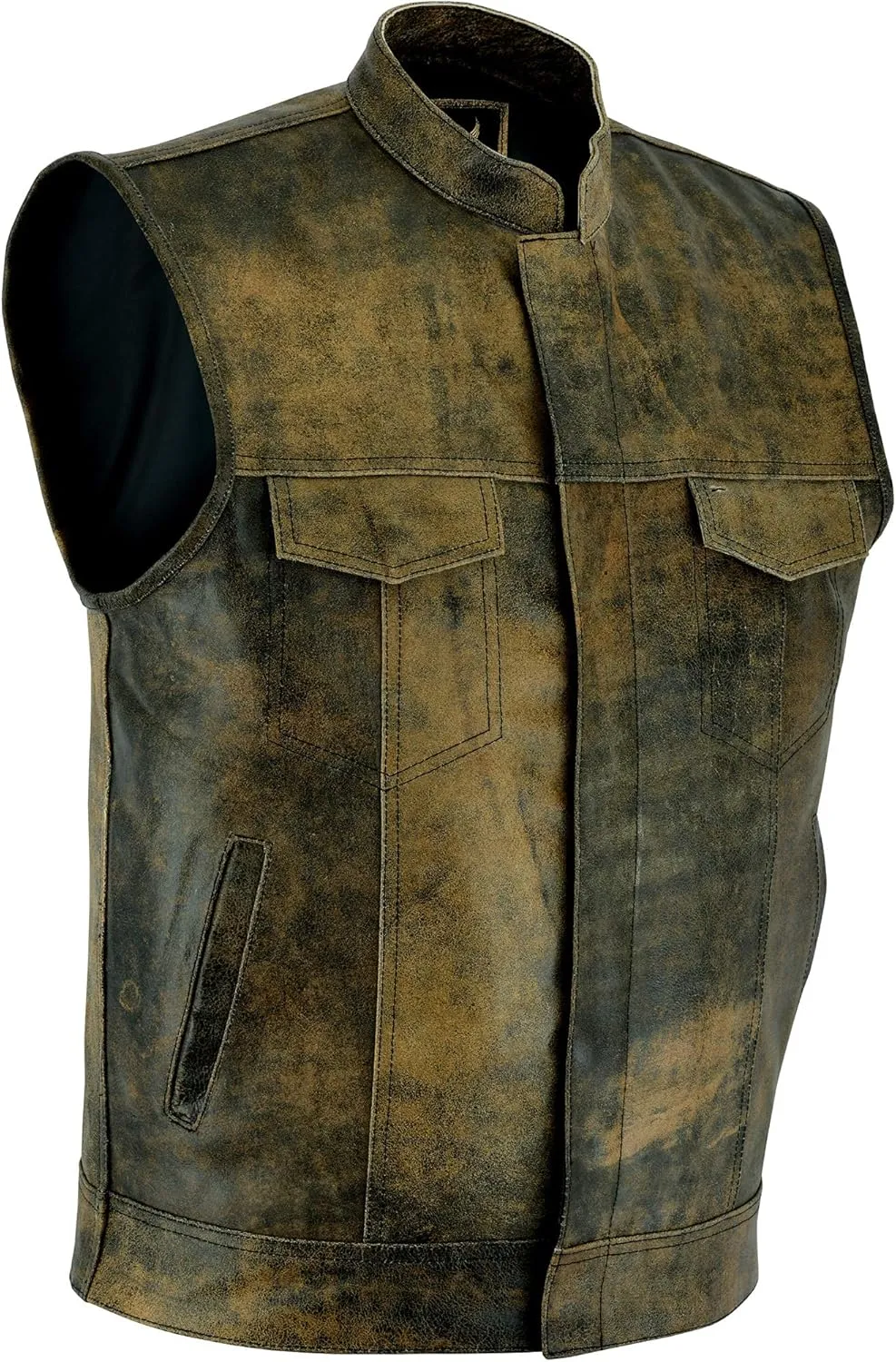 Leatherick Mens SOA Style Black & Brown Distress Leather Biker Motorcycle Vest with Concealed Carry Pockets