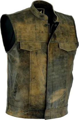 Leatherick Mens SOA Style Black & Brown Distress Leather Biker Motorcycle Vest with Concealed Carry Pockets