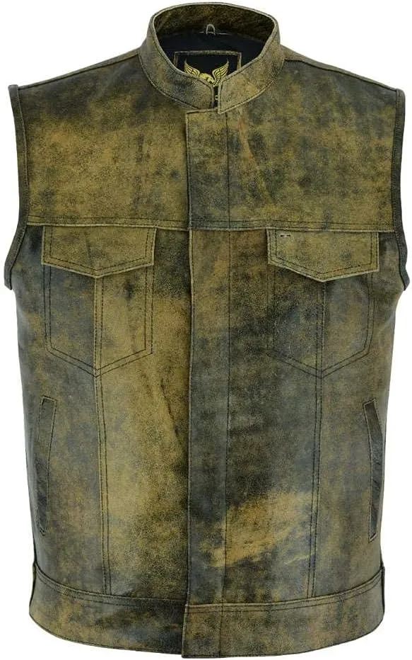 Leatherick Mens SOA Style Black & Brown Distress Leather Biker Motorcycle Vest with Concealed Carry Pockets
