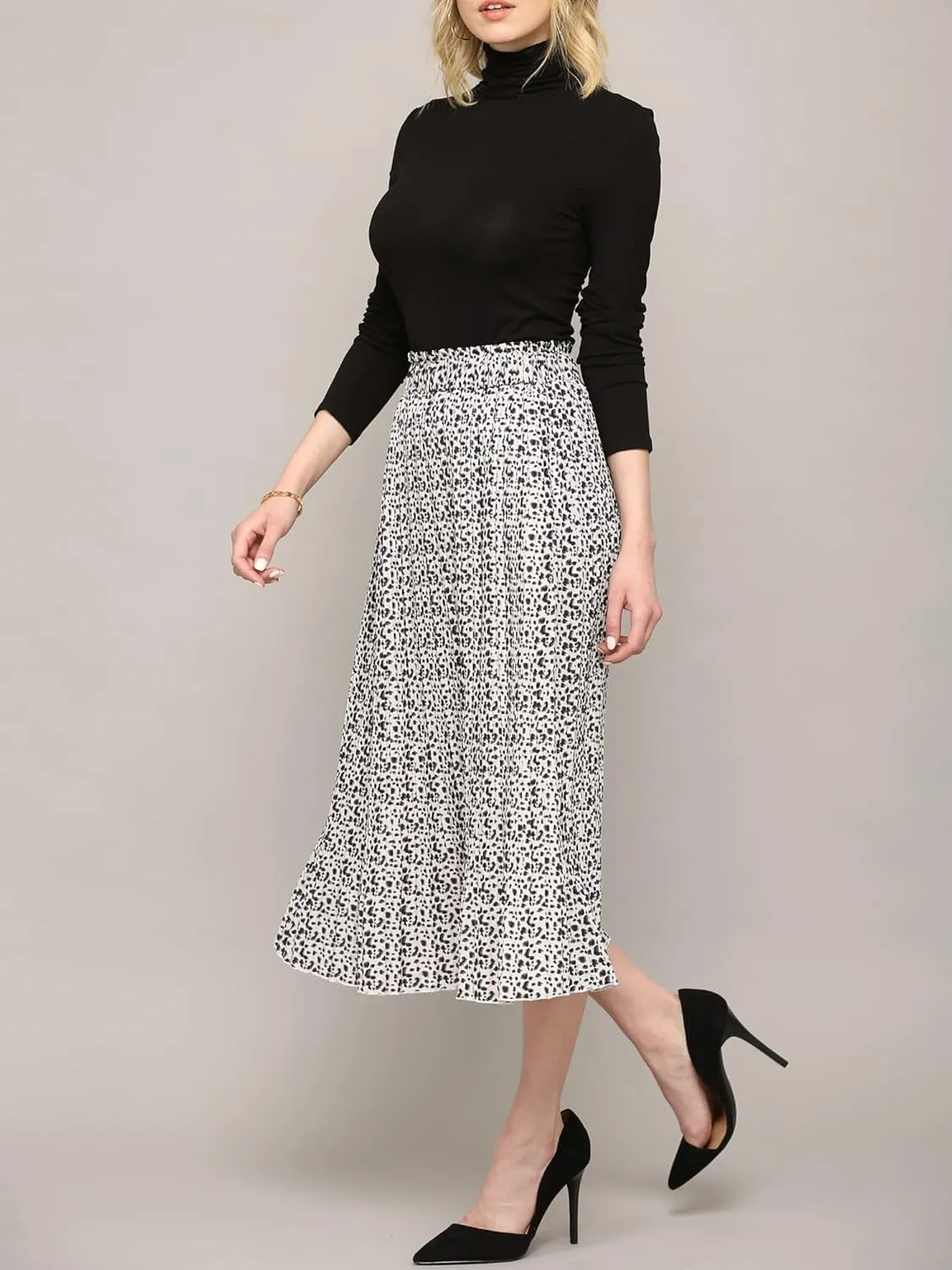 Lock and Love Womens High Waist Polka Dot Pleated Midi Swing Skirt with Pockets