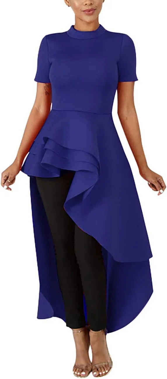 Lrady Womens Casual Shirt Dress High Low Irregular Ruffle Hem Blouse Asymmetrical Peplum Long Tunic Tops