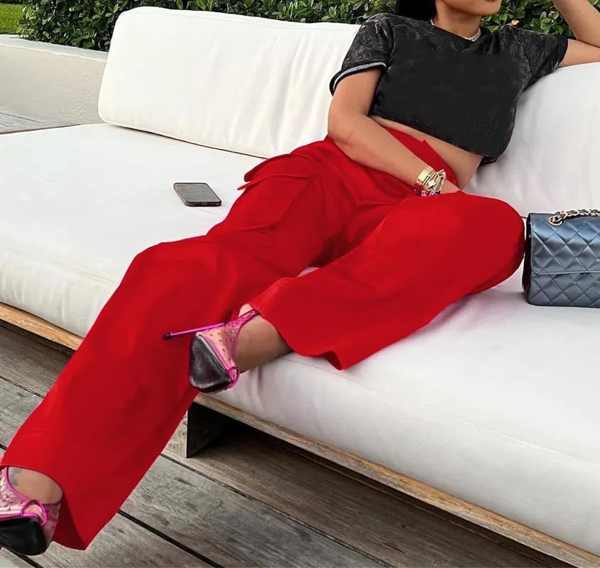 LROSEY Womens High Waisted Cargo Pants with Pockets Y2k Neon Wide Leg Cargo Parachute Pants Trendy Straight Trousers