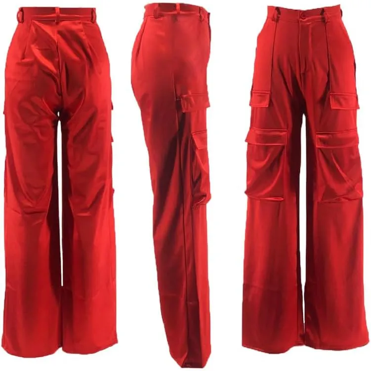 LROSEY Womens High Waisted Cargo Pants with Pockets Y2k Neon Wide Leg Cargo Parachute Pants Trendy Straight Trousers