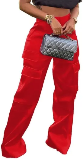 LROSEY Womens High Waisted Cargo Pants with Pockets Y2k Neon Wide Leg Cargo Parachute Pants Trendy Straight Trousers