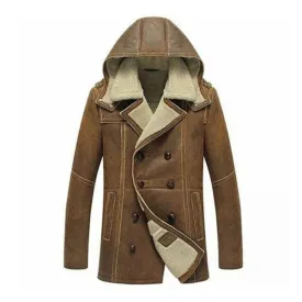 Men's Brown Hooded B3 Shearling Real Leather Coat
