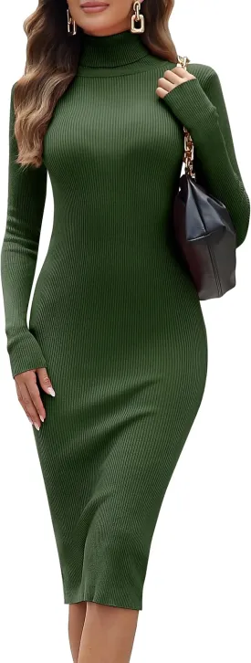 ninovino Women's Turtleneck Ribbed Knit Long Sleeve Slim Fit Sweater Dress