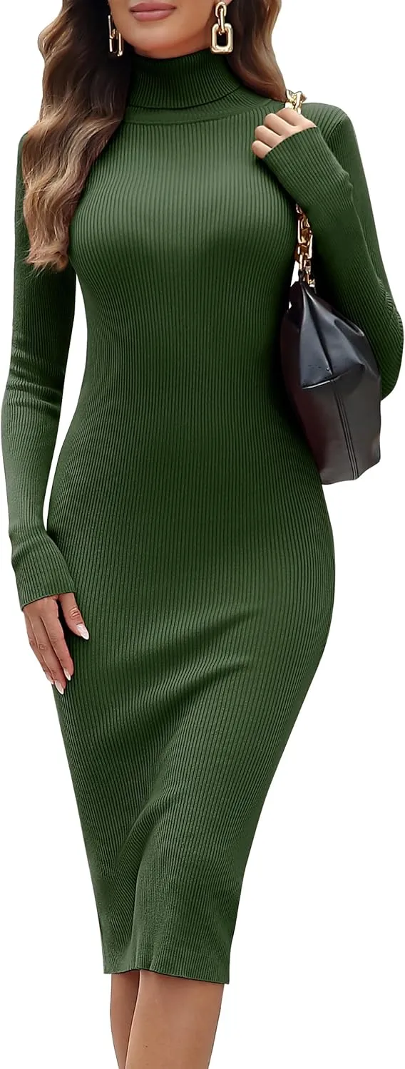 ninovino Women's Turtleneck Ribbed Knit Long Sleeve Slim Fit Sweater Dress