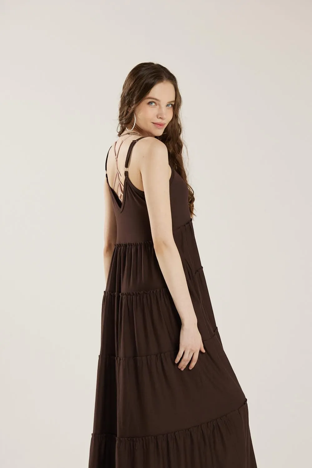 noflik Women's Comfortable and Flowy Knit V-Neckline Ruffle Tiers Knit Maxi Dress