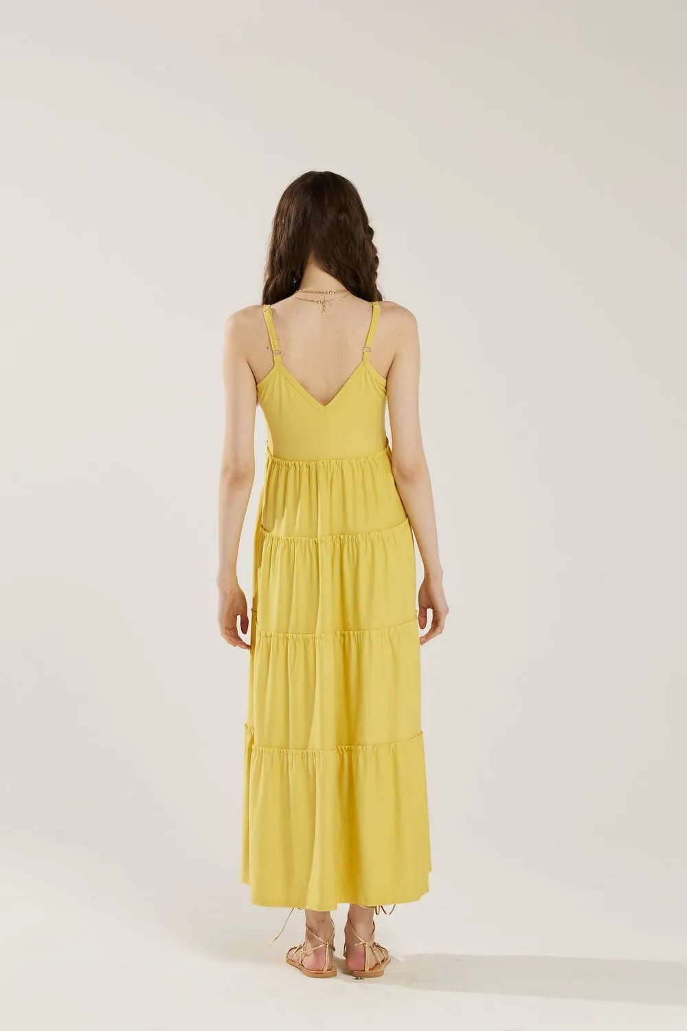noflik Women's Comfortable and Flowy Knit V-Neckline Ruffle Tiers Knit Maxi Dress