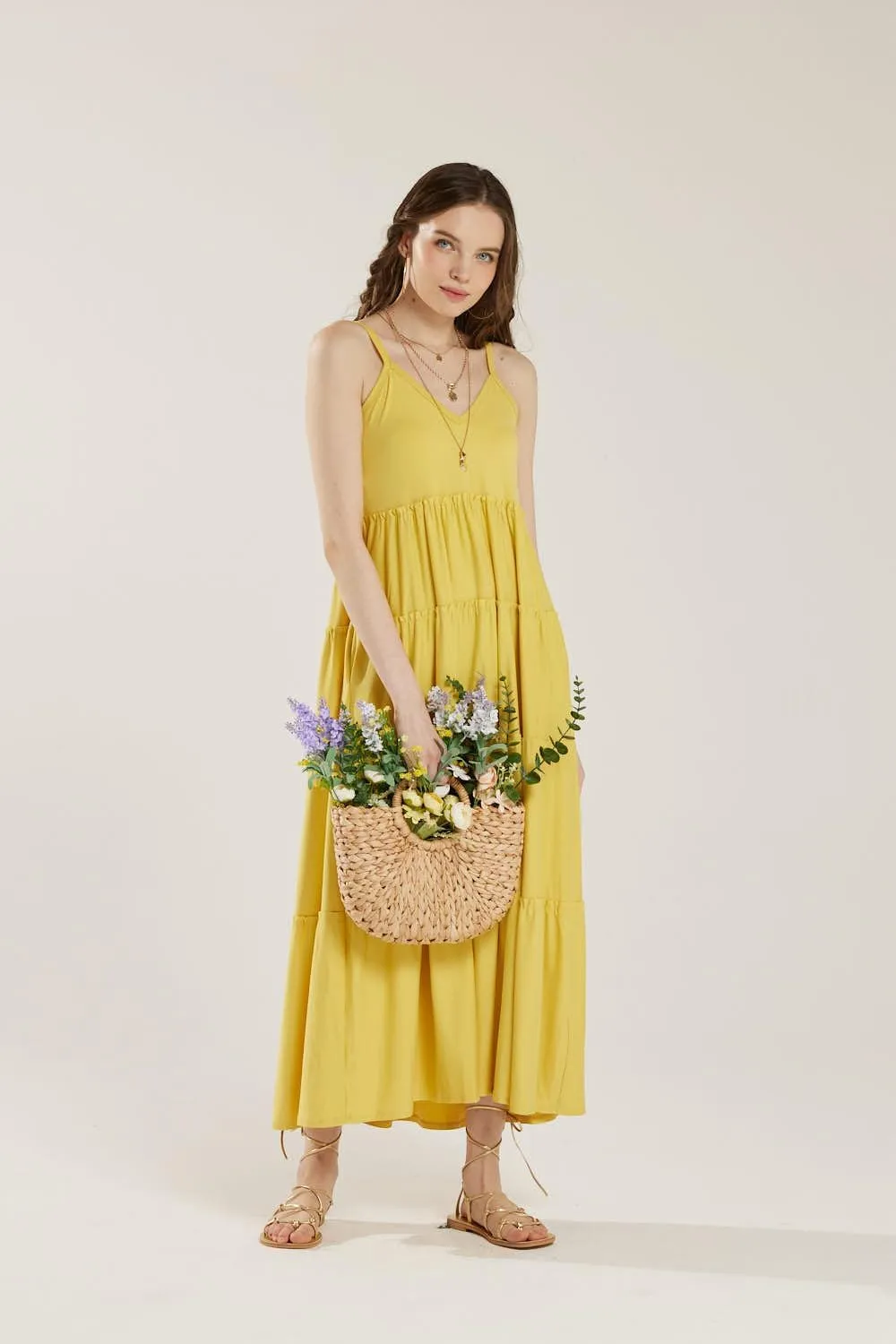 noflik Women's Comfortable and Flowy Knit V-Neckline Ruffle Tiers Knit Maxi Dress