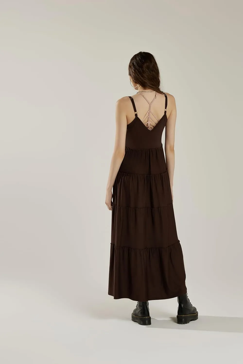 noflik Women's Comfortable and Flowy Knit V-Neckline Ruffle Tiers Knit Maxi Dress