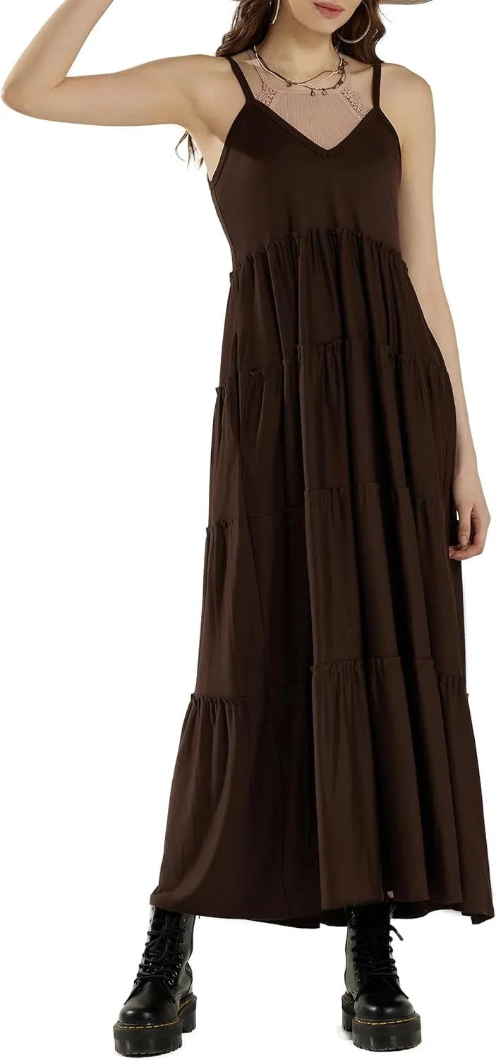 noflik Women's Comfortable and Flowy Knit V-Neckline Ruffle Tiers Knit Maxi Dress
