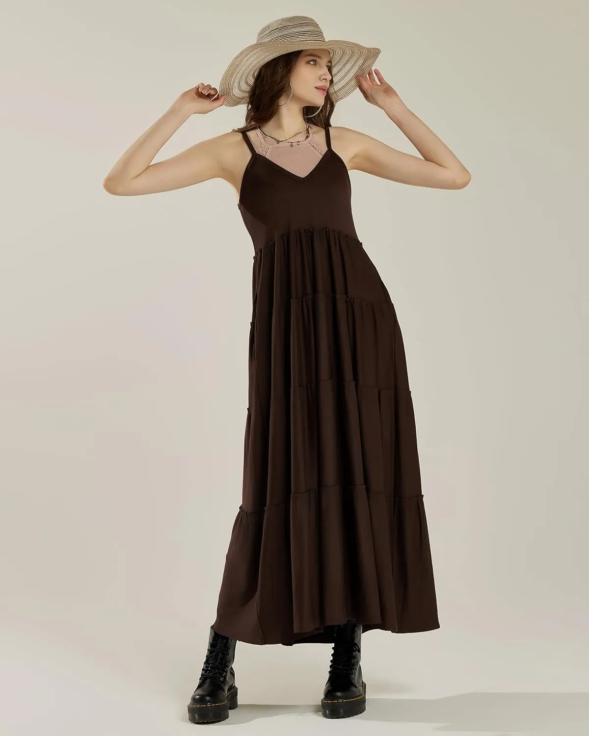 noflik Women's Comfortable and Flowy Knit V-Neckline Ruffle Tiers Knit Maxi Dress