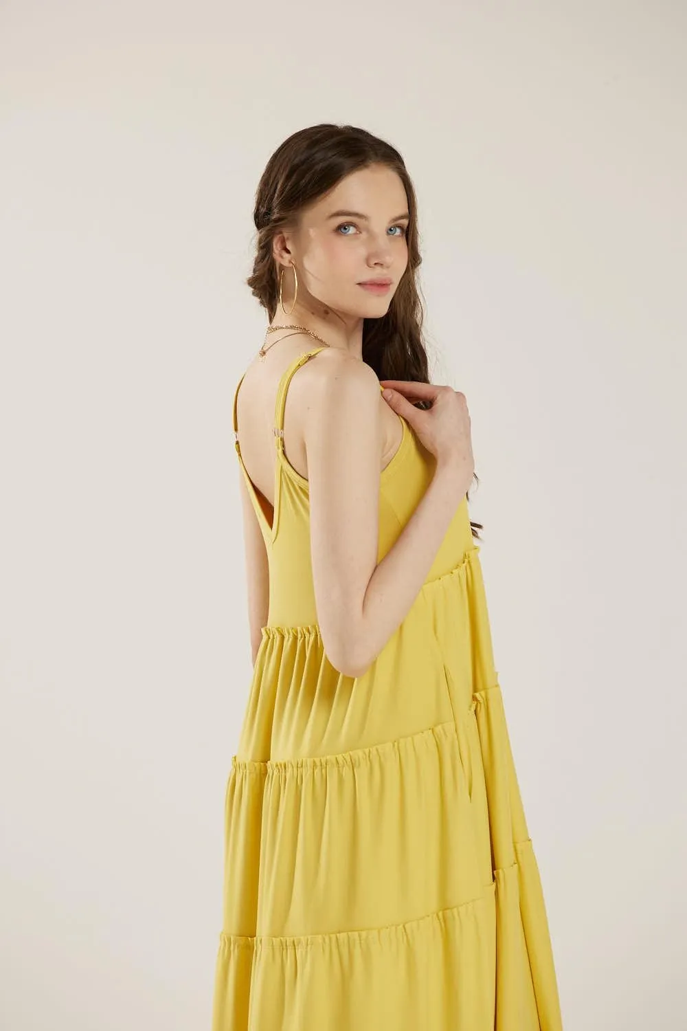 noflik Women's Comfortable and Flowy Knit V-Neckline Ruffle Tiers Knit Maxi Dress