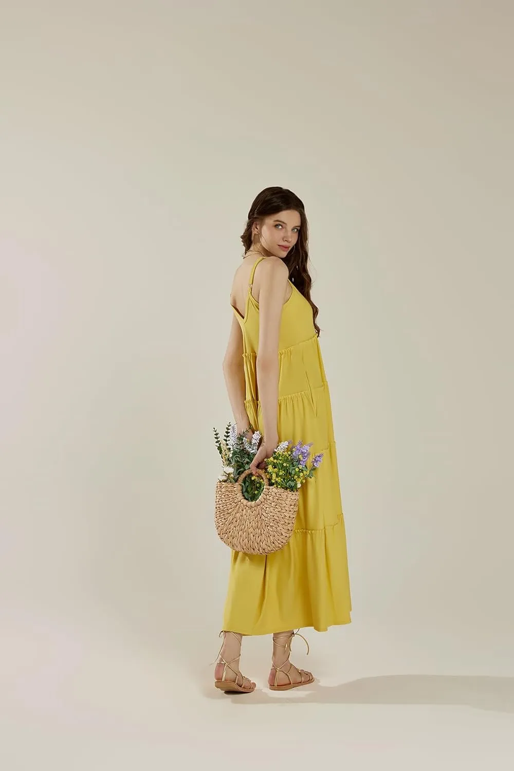 noflik Women's Comfortable and Flowy Knit V-Neckline Ruffle Tiers Knit Maxi Dress