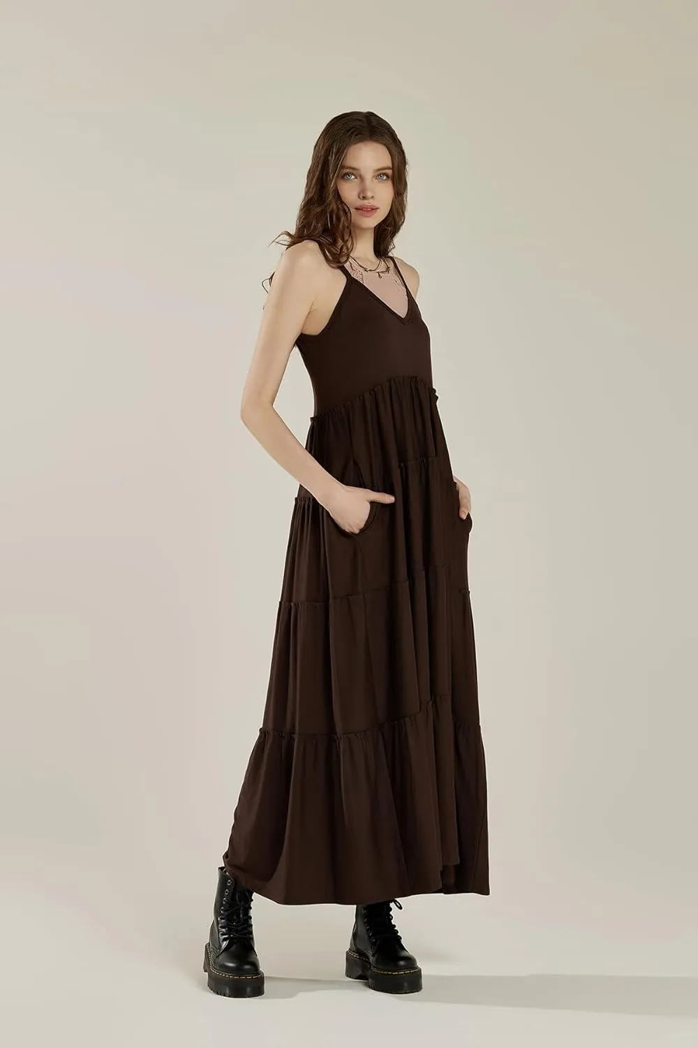 noflik Women's Comfortable and Flowy Knit V-Neckline Ruffle Tiers Knit Maxi Dress