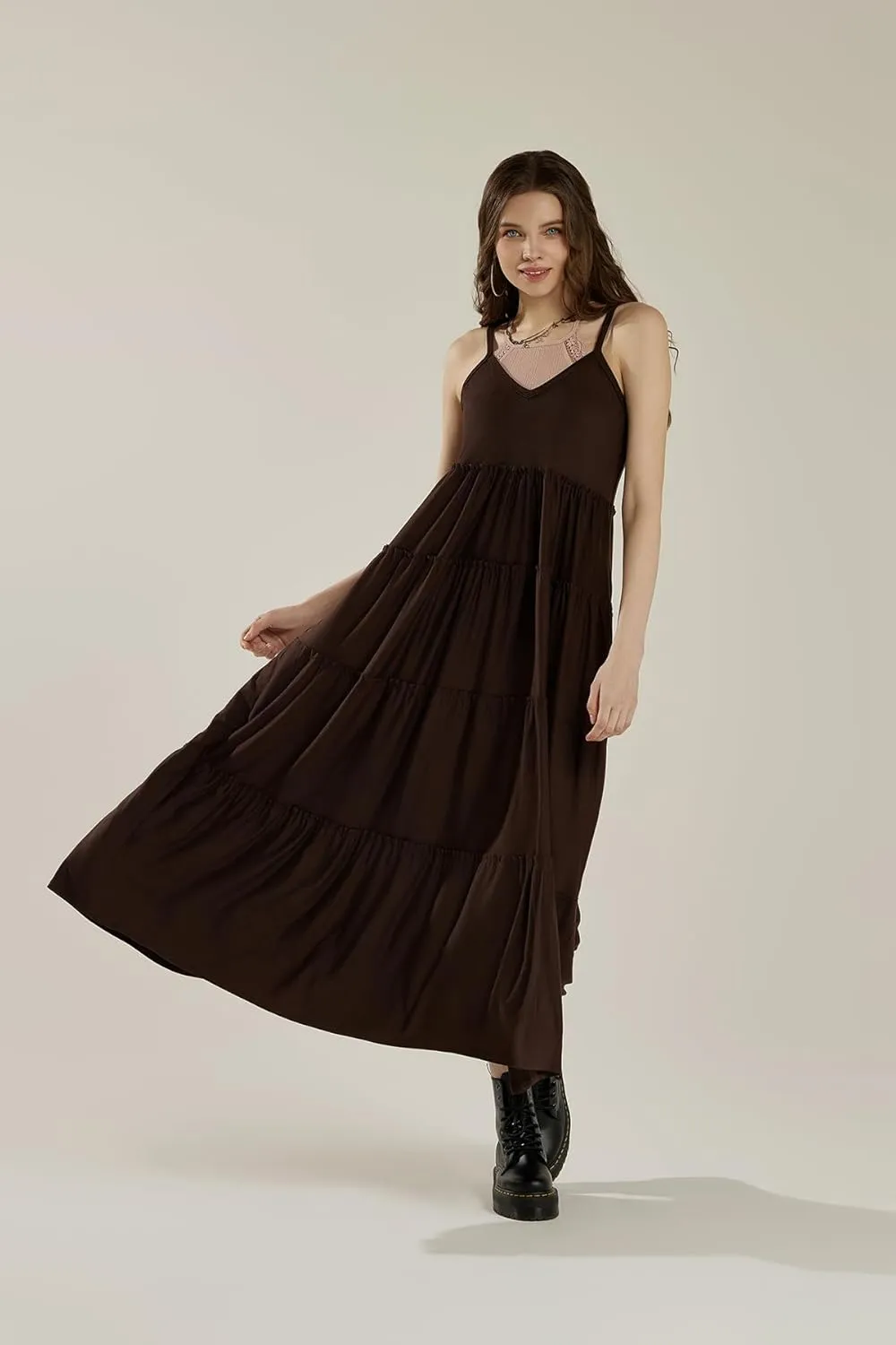 noflik Women's Comfortable and Flowy Knit V-Neckline Ruffle Tiers Knit Maxi Dress