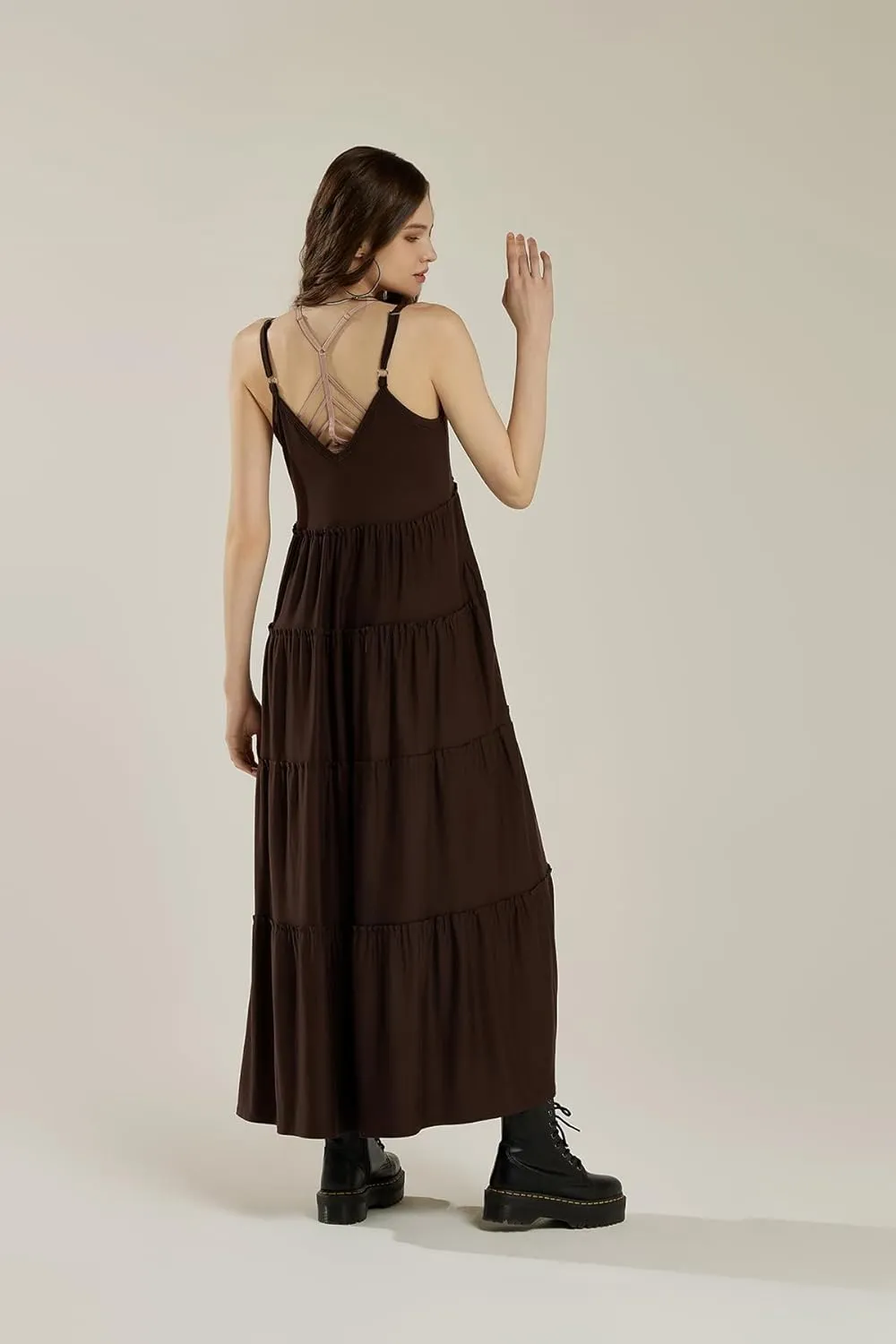 noflik Women's Comfortable and Flowy Knit V-Neckline Ruffle Tiers Knit Maxi Dress