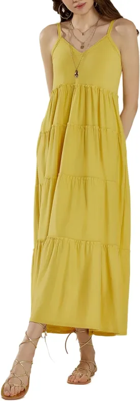 noflik Women's Comfortable and Flowy Knit V-Neckline Ruffle Tiers Knit Maxi Dress