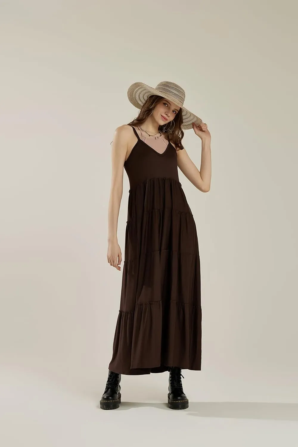 noflik Women's Comfortable and Flowy Knit V-Neckline Ruffle Tiers Knit Maxi Dress